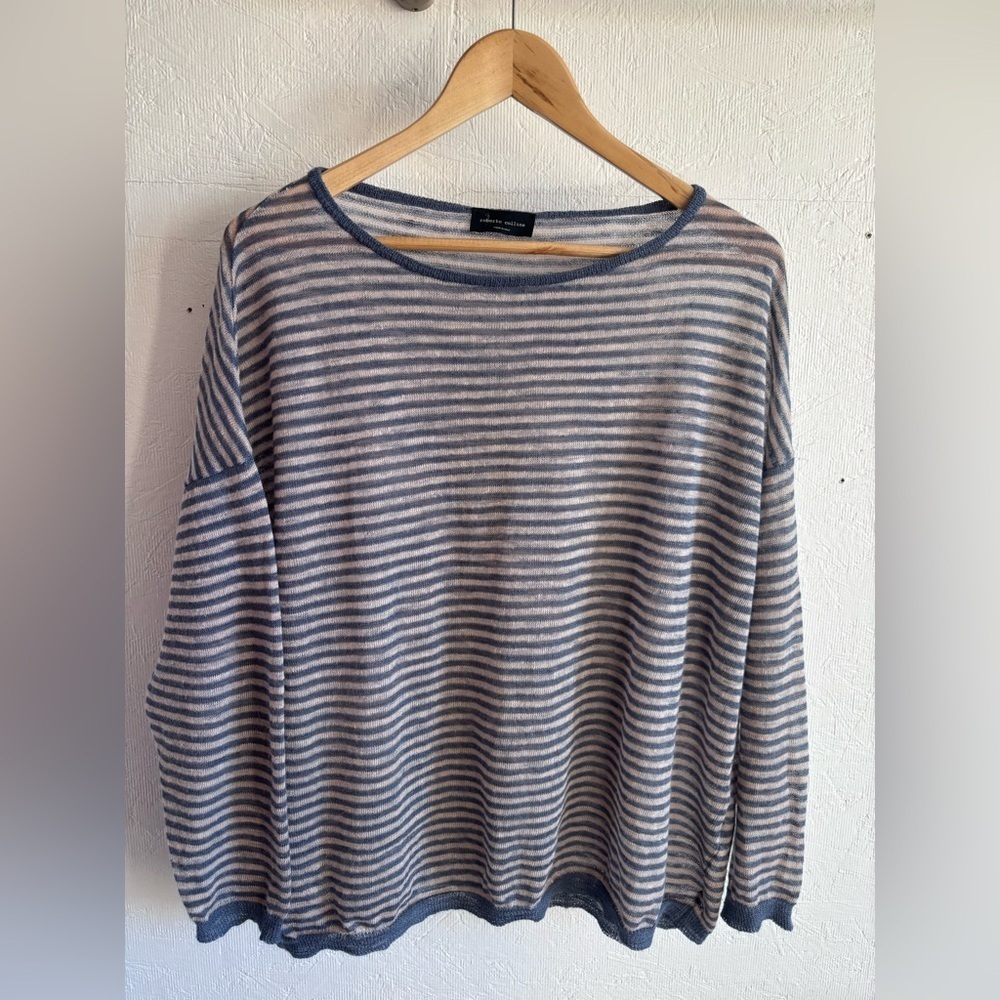 Roberto Collina Unisex Knit Linen Blend Lightweight Stripe Sweater Jumper Shirt - Picture 5 of 10